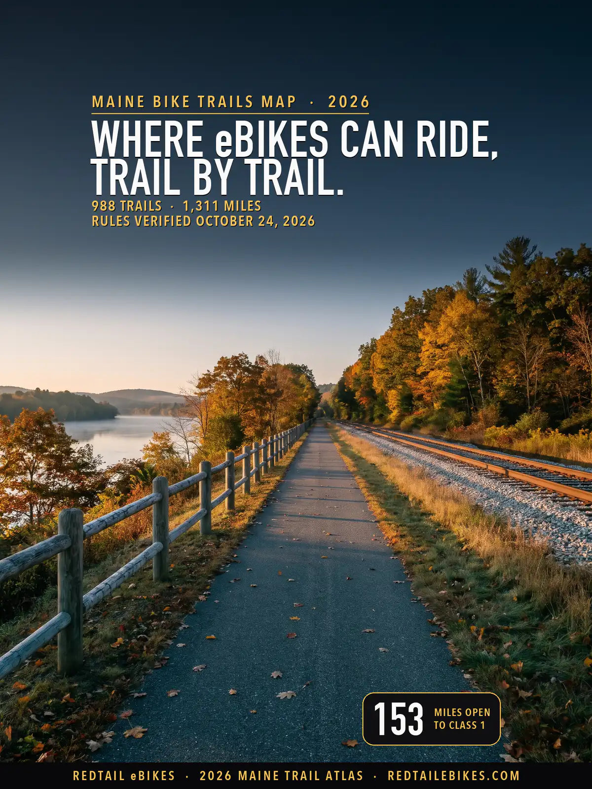 Maine bike trails map 2026 cover: WHERE eBIKES CAN RIDE, TRAIL BY TRAIL above the Kennebec River Rail Trail in Augusta, paved along the old railroad tracks by the Kennebec River, with a stat of 153 miles open to Class 1