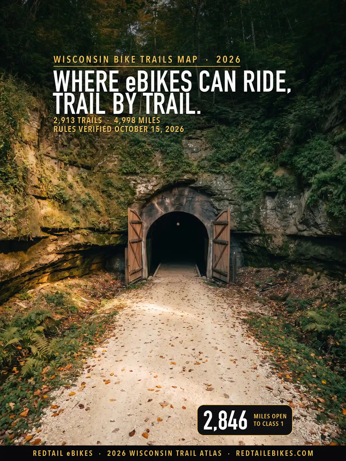 Wisconsin bike trails map 2026 cover: WHERE eBIKES CAN RIDE, TRAIL BY TRAIL above a limestone trail leading into a stone tunnel portal on the Elroy-Sparta State Trail, with a stat of 2,846 miles open to Class 1