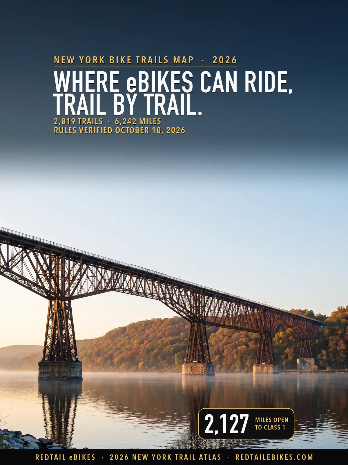 New York bike trails map 2026 cover: WHERE eBIKES CAN RIDE, TRAIL BY TRAIL over the Walkway Over the Hudson's steel towers and truss above the misty Hudson River, autumn woods behind, with a stat of 2,127 miles open to Class 1