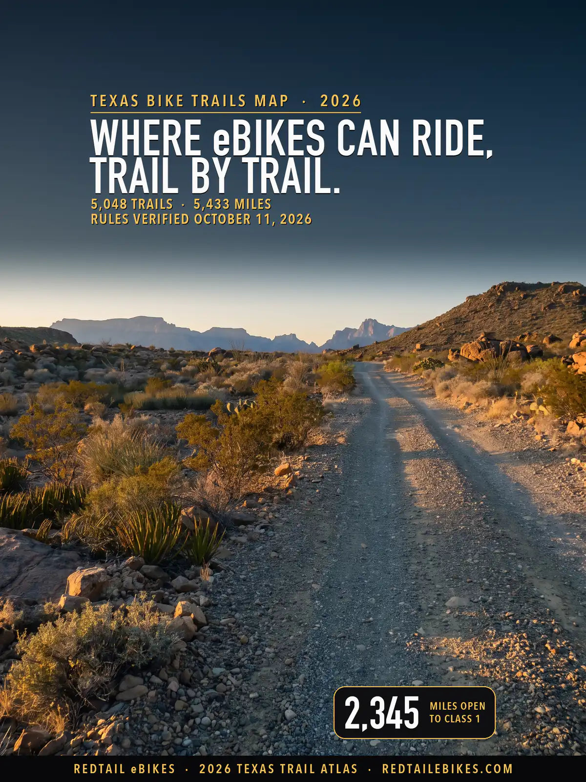 Texas bike trails map 2026 cover: WHERE eBIKES CAN RIDE, TRAIL BY TRAIL over the Glenn Springs Road, a gravel road through desert scrub toward a mountain range in Big Bend National Park, with a stat of 2,345 miles open to Class 1
