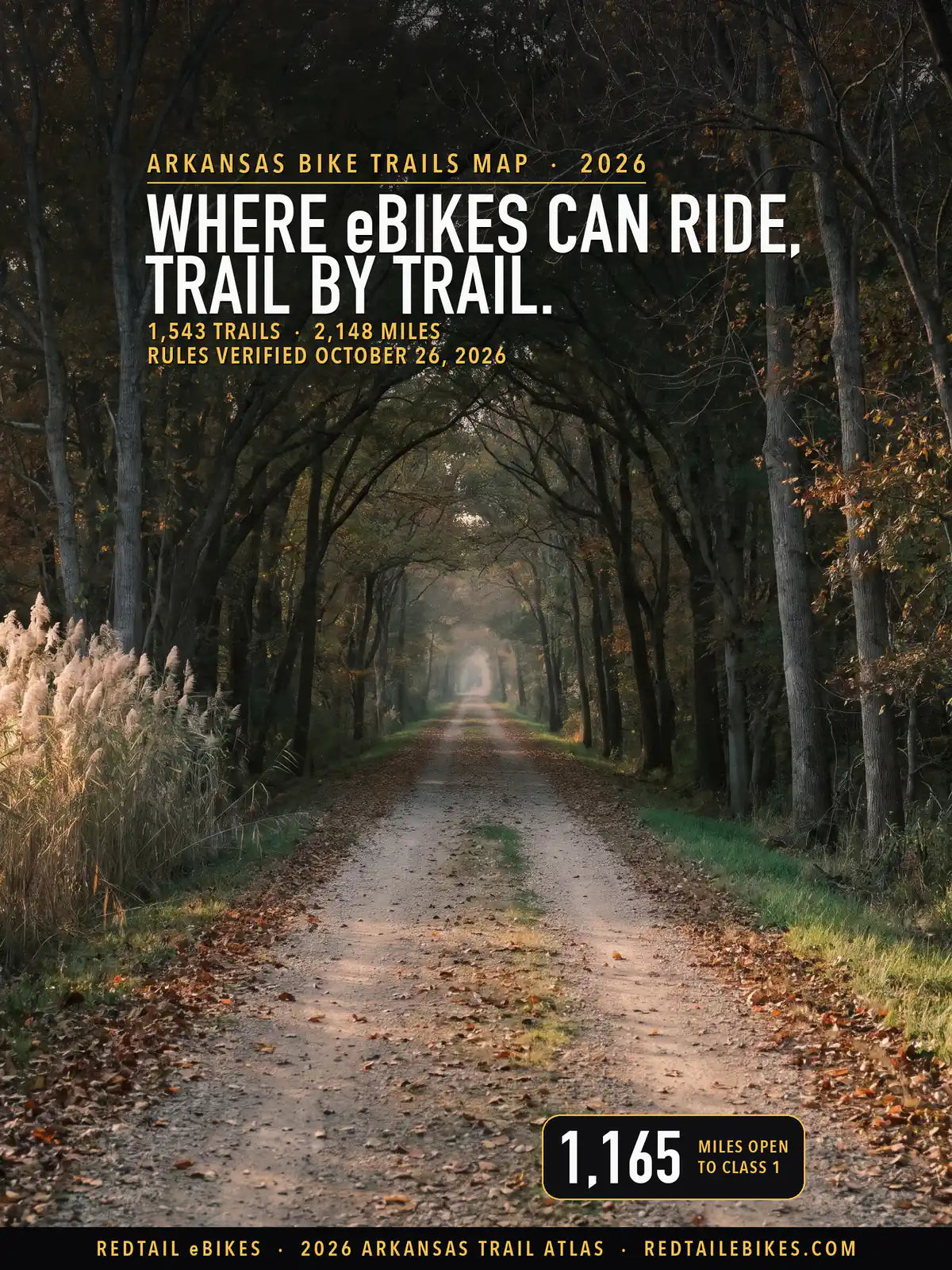 Arkansas bike trails map 2026 cover: WHERE eBIKES CAN RIDE, TRAIL BY TRAIL above the Delta Heritage Trail north of Watson, a gravel rail trail under arching autumn trees, with a stat of 1,165 miles open to Class 1