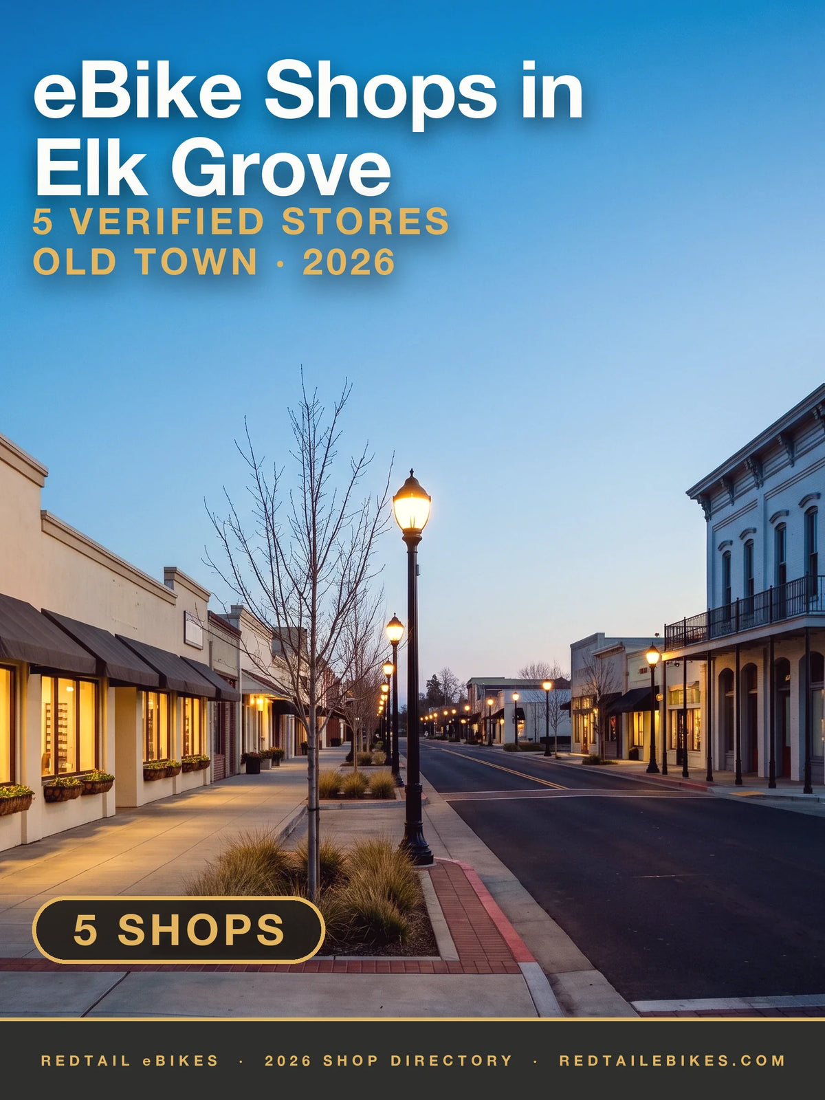 Elk Grove Boulevard through the Old Town Elk Grove Historic District — the one-mile block of late-1800s storefronts east of State Route 99, looking east along the sidewalk at blue hour with the street lamps lit in Elk Grove in late golden-hour light