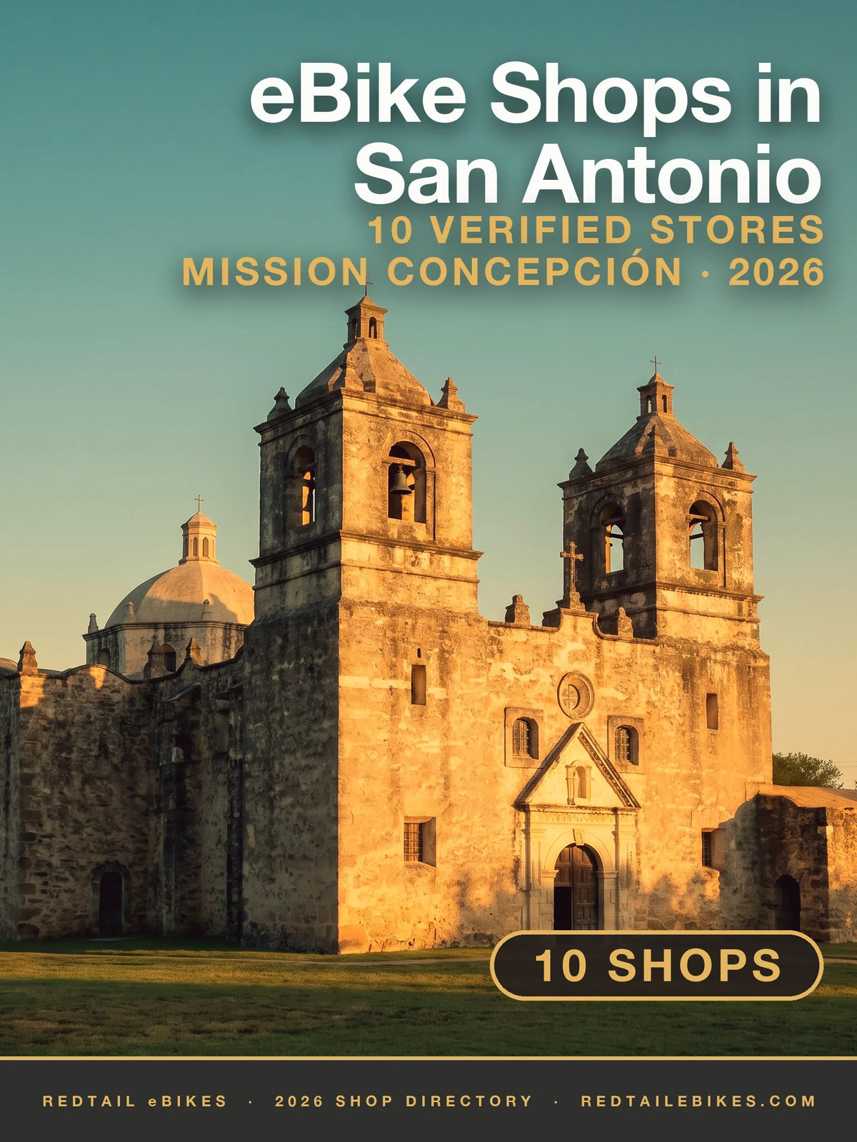 Mission Concepción's twin bell towers in San Antonio at golden hour