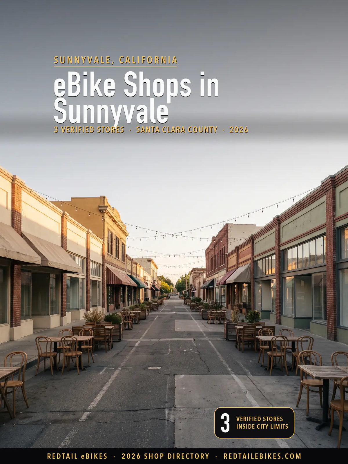 First light on the 100 block of South Murphy Avenue in downtown Sunnyvale, low brick and stucco storefronts facing each other across the car-free old roadway under an empty pale sky