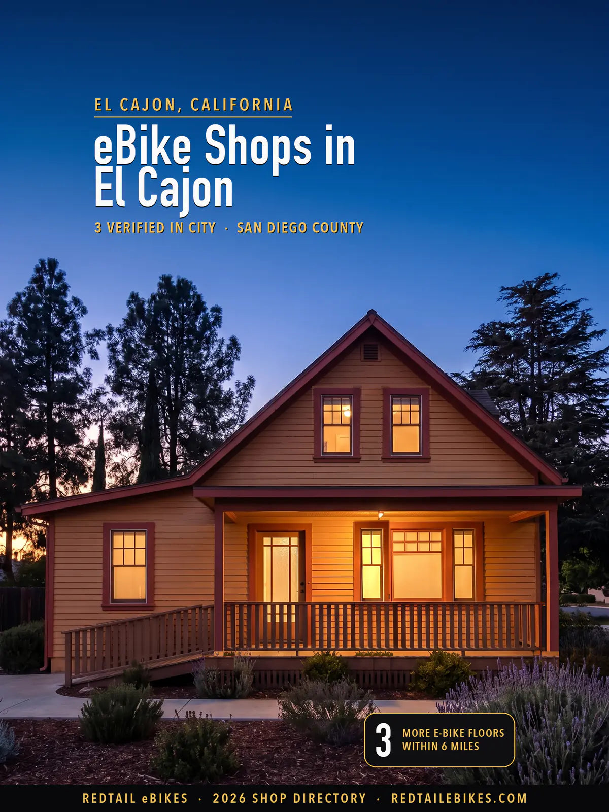 Cover reading eBike Shops in El Cajon, 3 verified in city, San Diego County, over the Knox House at blue hour, a small 1876 two-storey wooden house in ochre clapboard with brick-red trim, its porch, railing and one-storey wing, pines behind