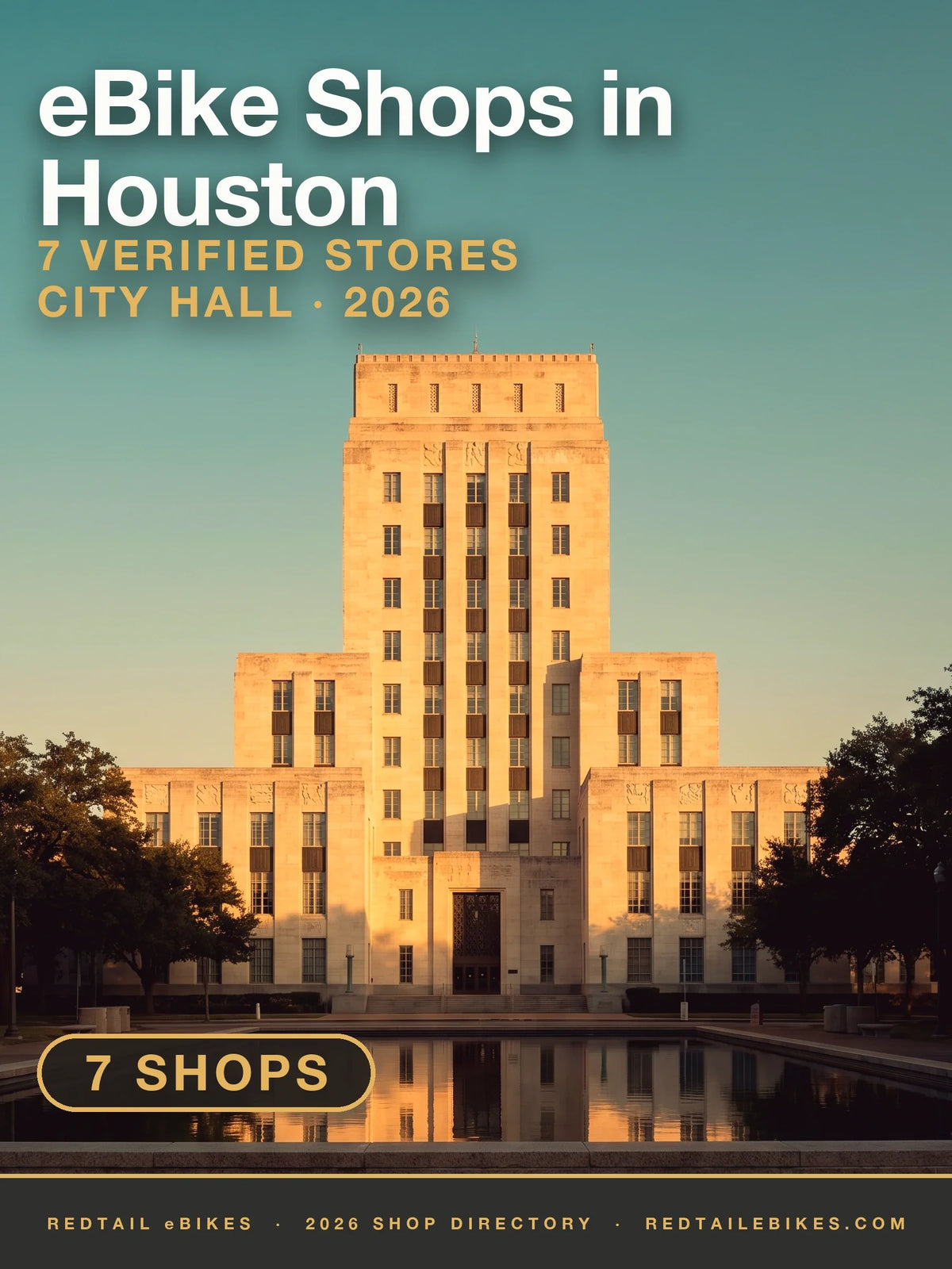 Houston City Hall above the Hermann Square reflecting pool at golden hour