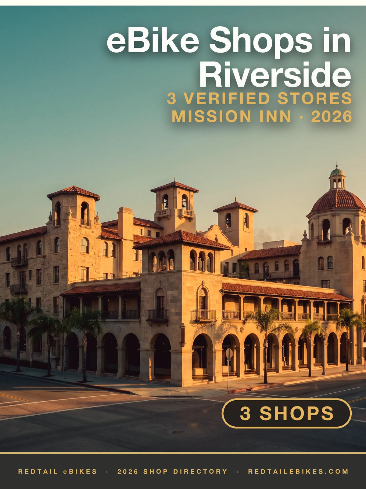 The Mission Inn's arcades and towers in downtown Riverside at golden hour
