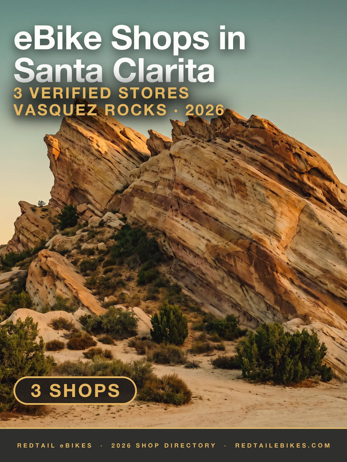 eBike Shops in Santa Clarita 2026 cover for the electric bike shop Santa Clarita directory: the tilted sedimentary rock formation at Vasquez Rocks at golden hour, no rider, no bike