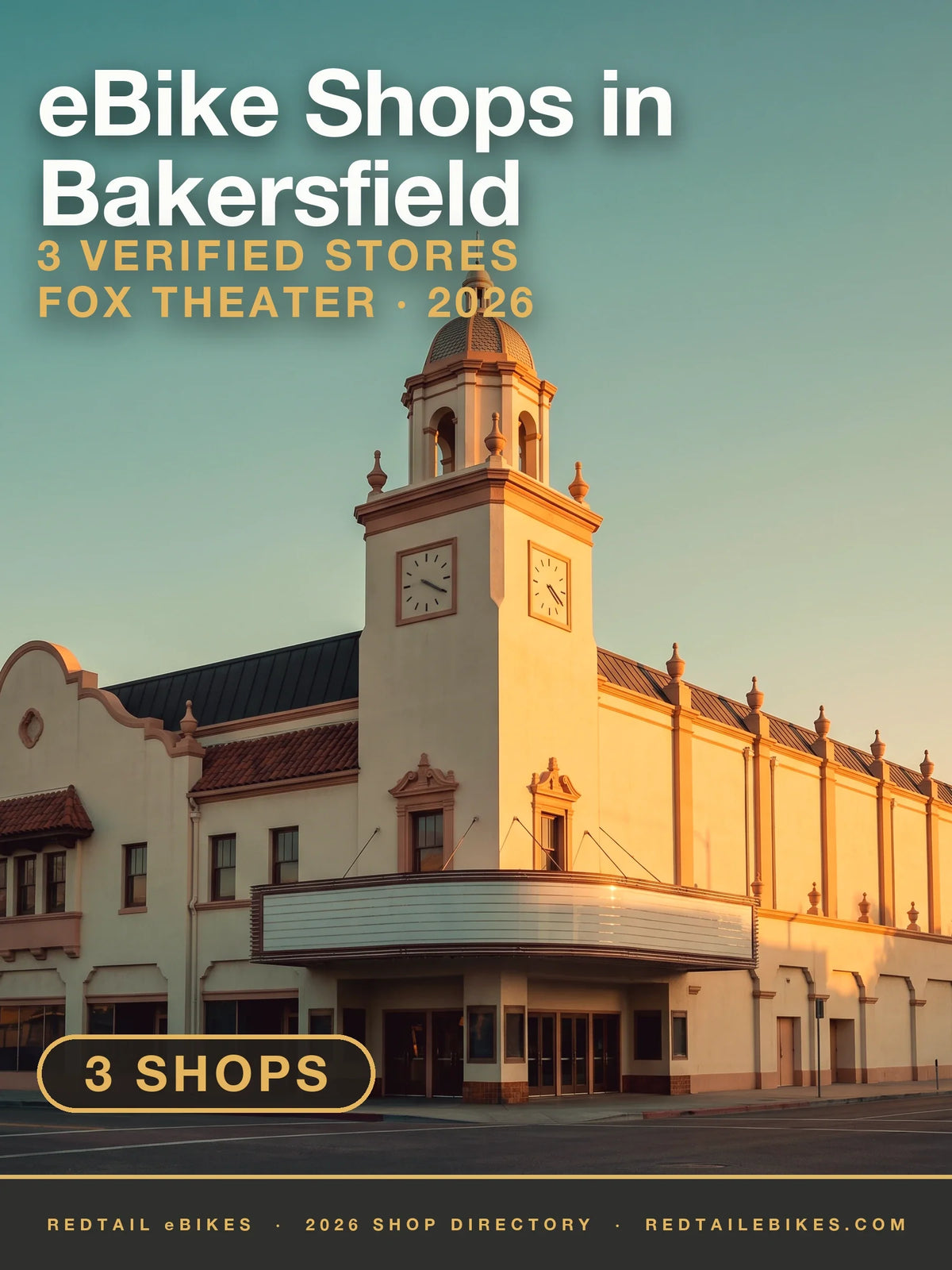 The Fox Theater's clock tower on H Street in Bakersfield at golden hour
