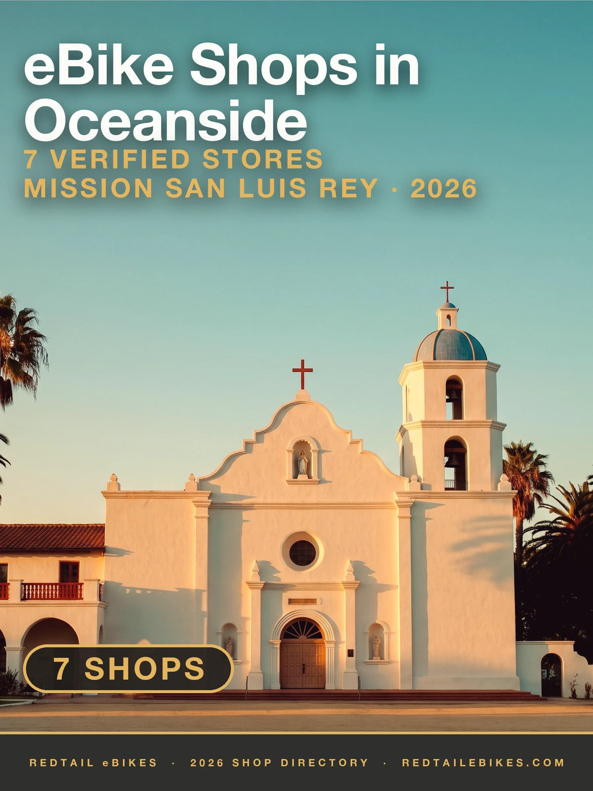 Mission San Luis Rey de Francia on Mission Avenue in Oceanside, a white mission church with a blue-domed bell tower, in late golden light