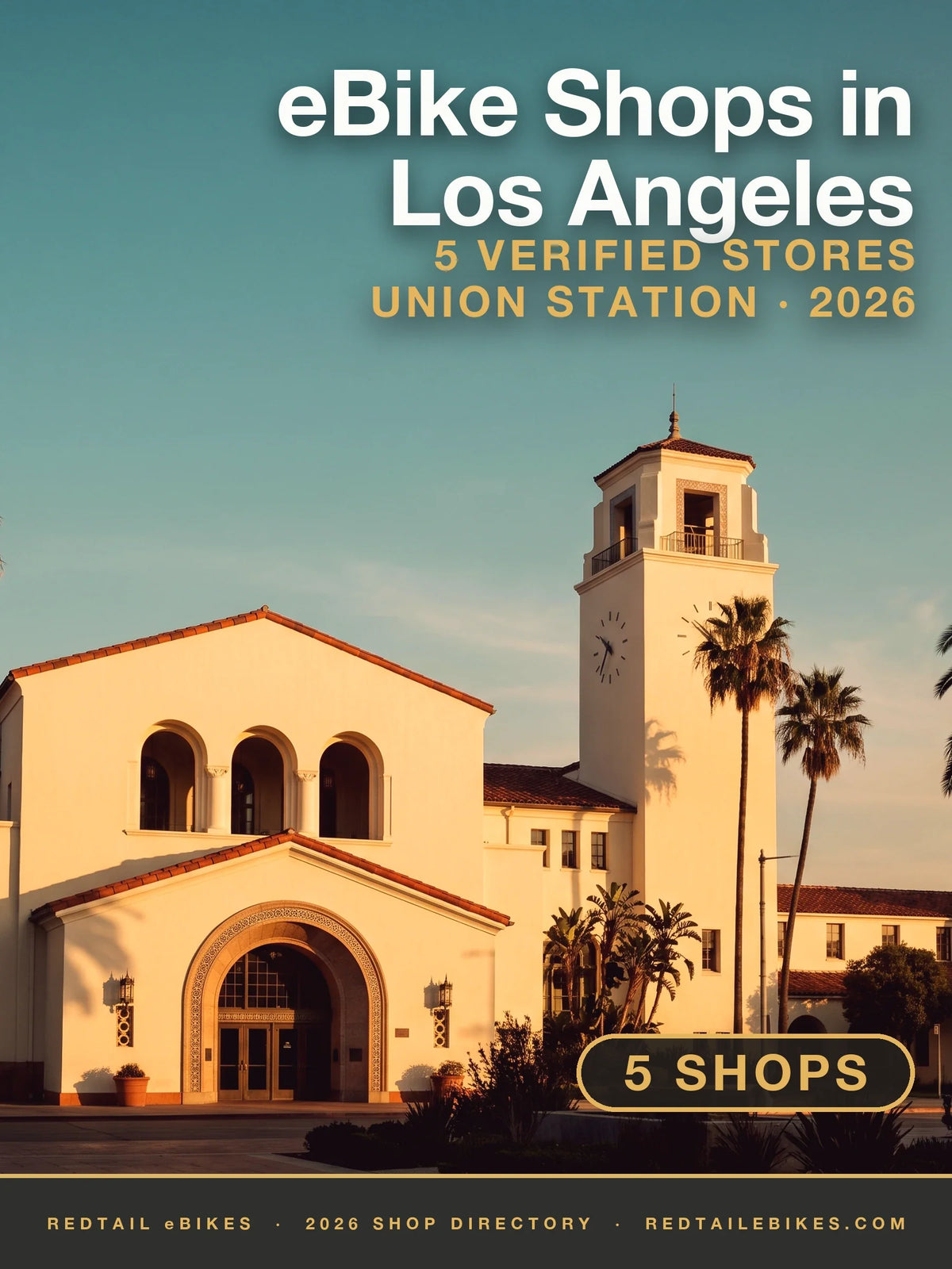 Union Station's clock tower and arched entrance in downtown Los Angeles at golden hour