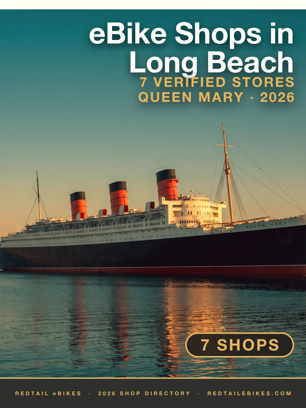 The Queen Mary moored at Long Beach at golden hour, three funnels and black hull