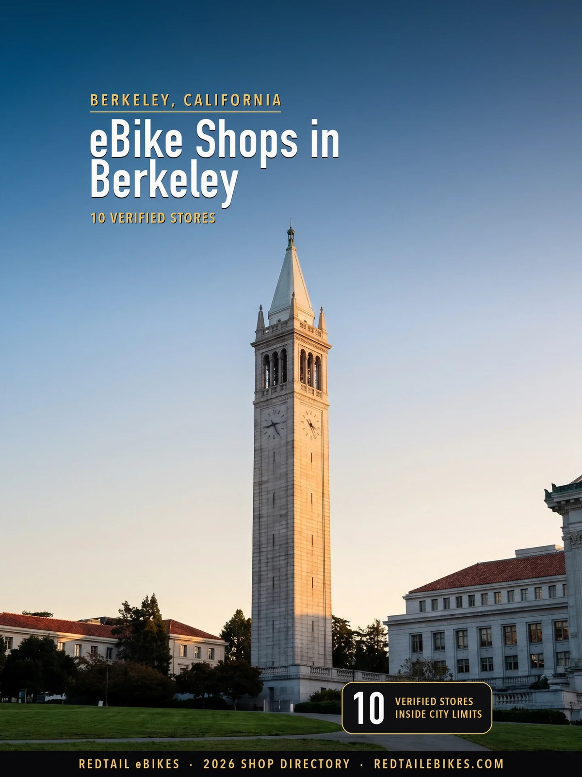 Cover reading eBike Shops in Berkeley, 10 verified stores, over Sather Tower on the UC Berkeley campus in evening sun, a slender pale granite clock tower with a round-arched belfry and a pale green spire