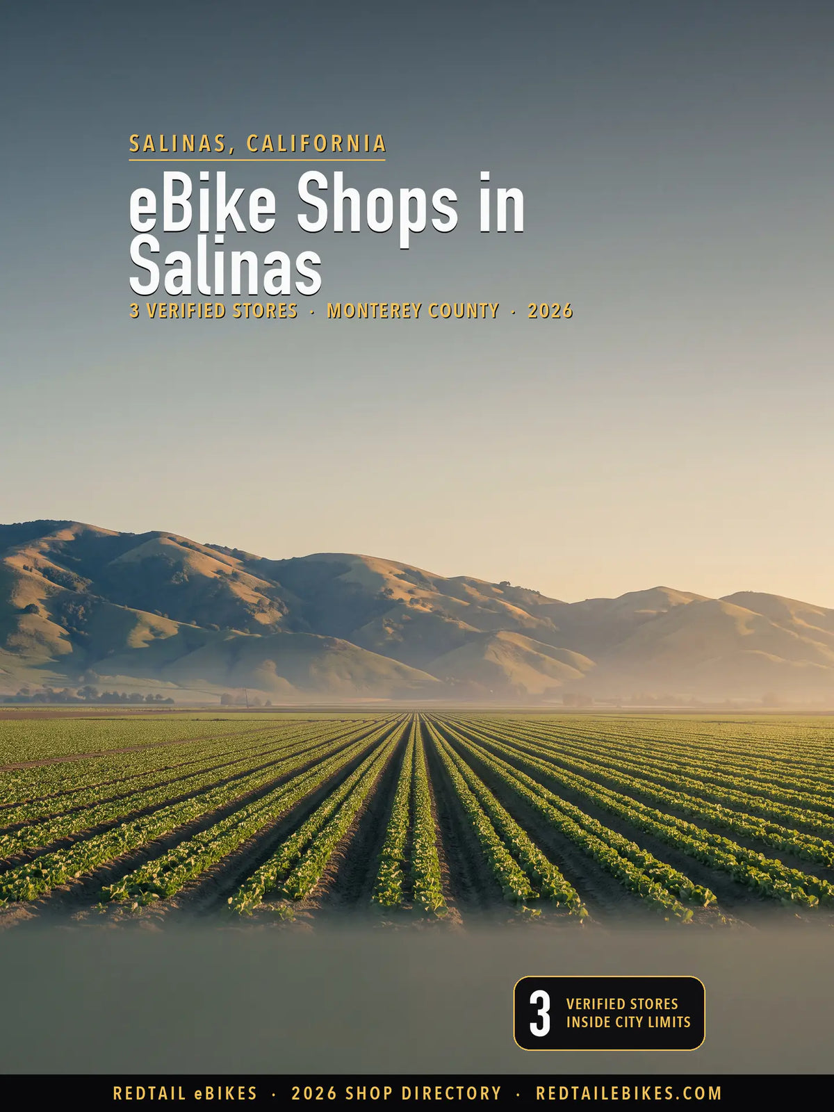 Row crops on the floor of the Salinas Valley at golden hour, the furrows running east toward the rounded grass and oak ridgelines of the Gabilan Range