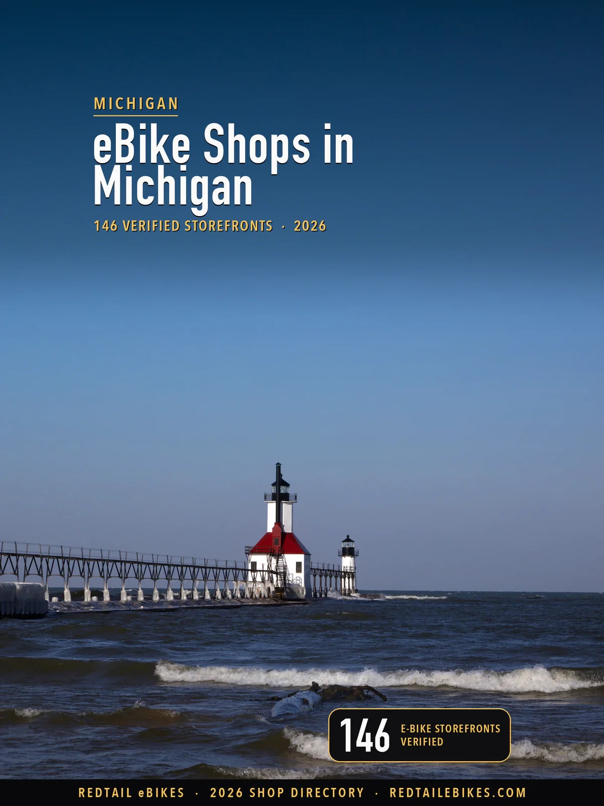 Cover reading eBike Shops in Michigan, 146 verified storefronts, 2026, over the St. Joseph North Pier lighthouses on Lake Michigan, red roof and white towers in clear morning light