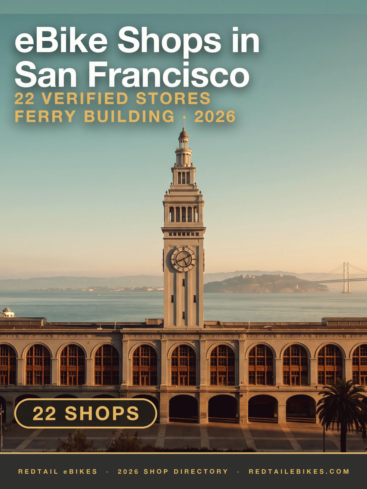The Ferry Building's clock tower and arcade on the San Francisco Embarcadero at golden hour