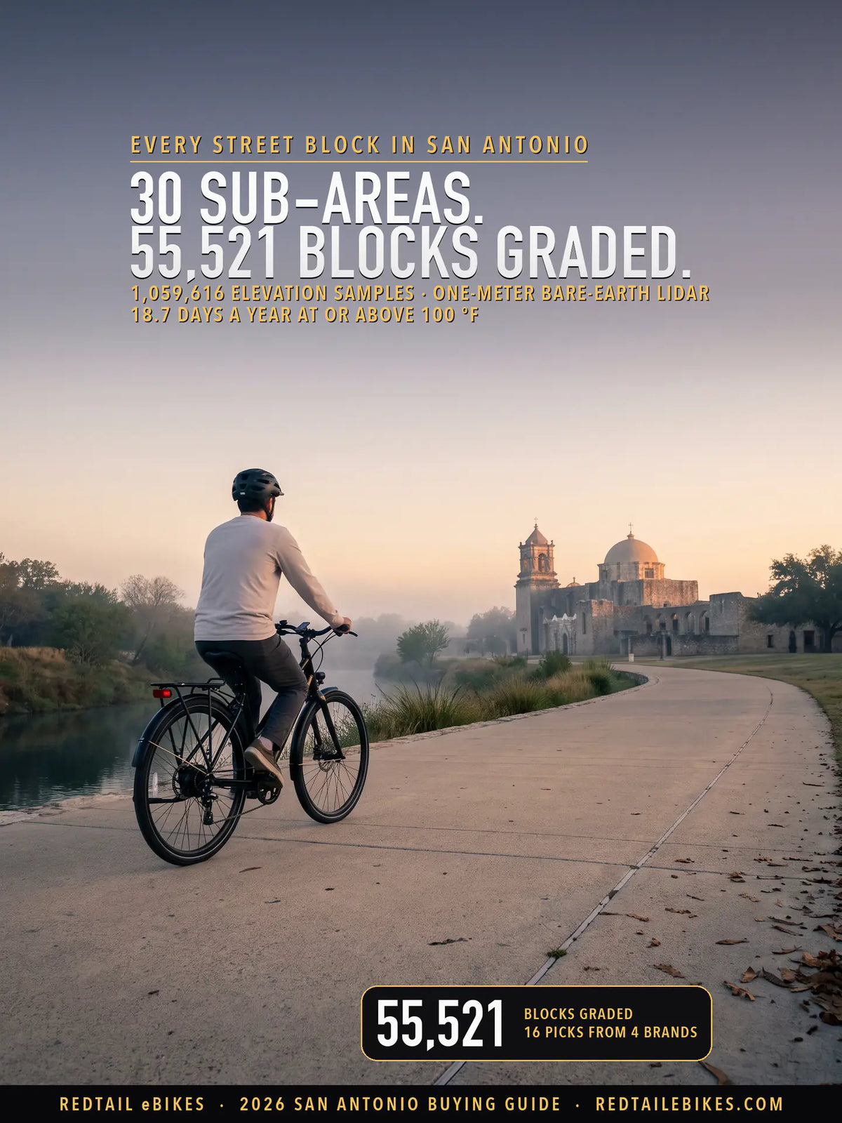 A rider on an electric bike on the Mission Reach trail at dawn, with the limestone church of Mission San José in the river mist beyond