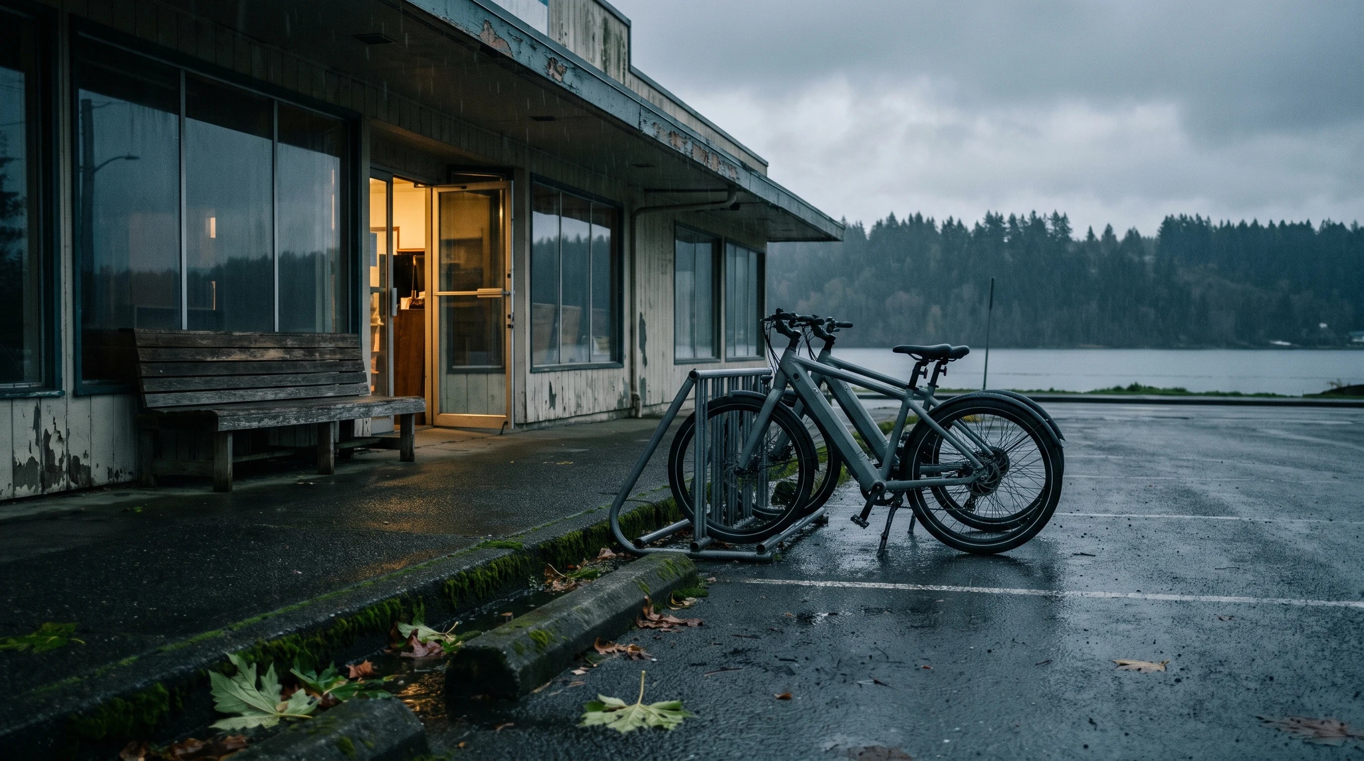 Electric bikes outside a bike shop on a rainy Pacific Northwest street