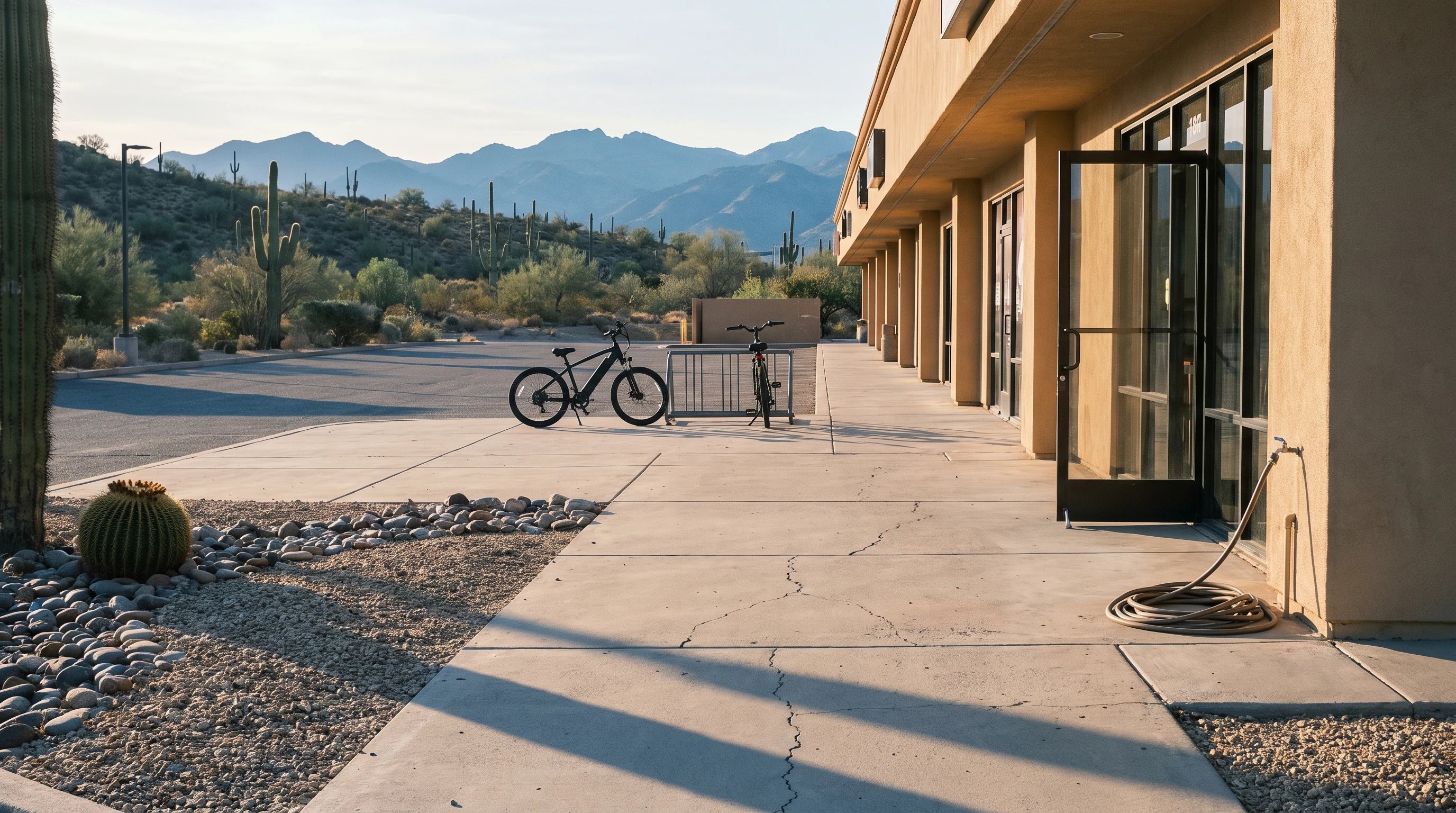 Electric bikes outside a desert-city bike store under low Arizona sun