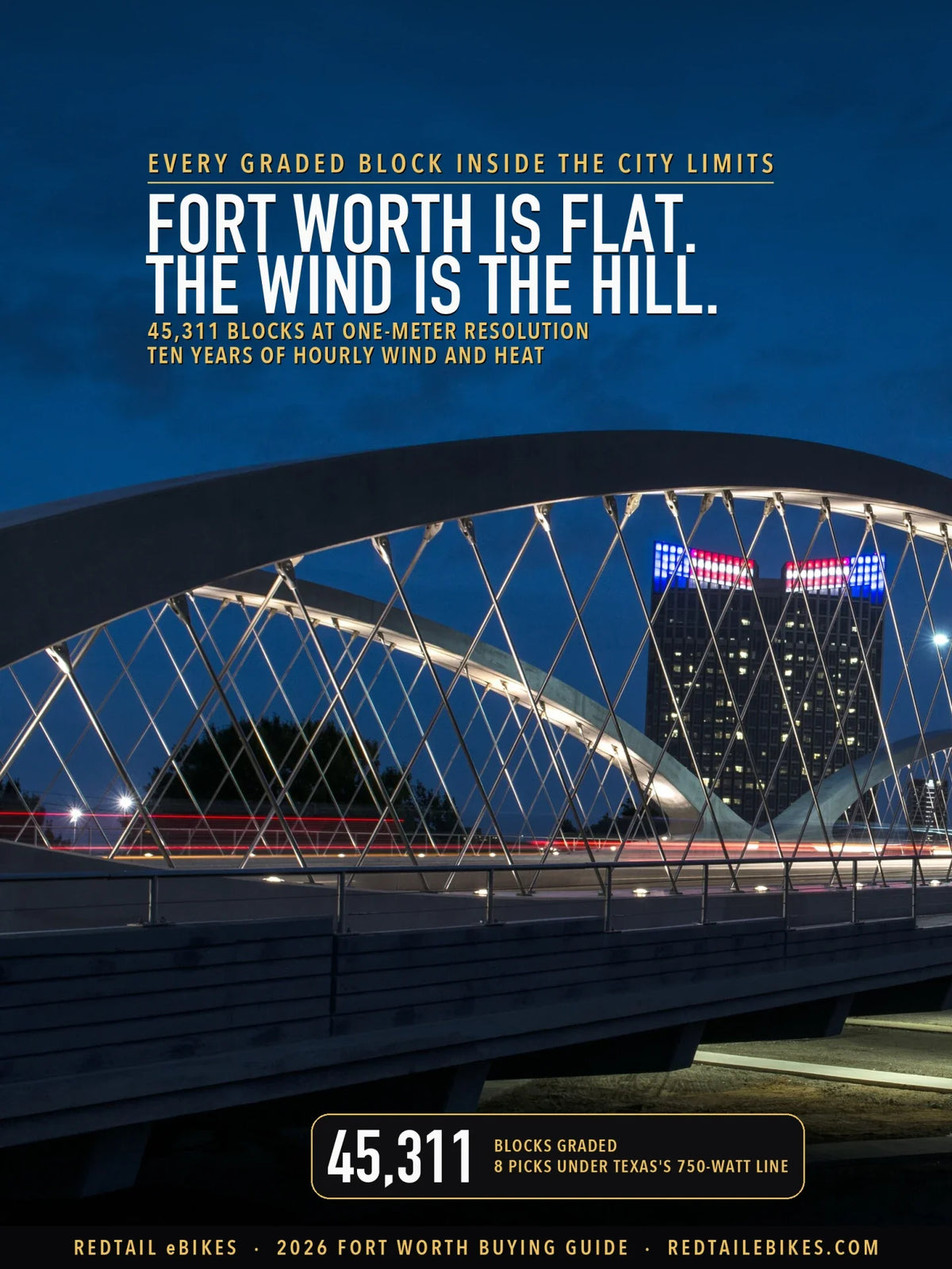 Fort Worth e-bike guide cover: the Seventh Street Bridge at dusk, a downtown tower lit red, white and blue through its arches