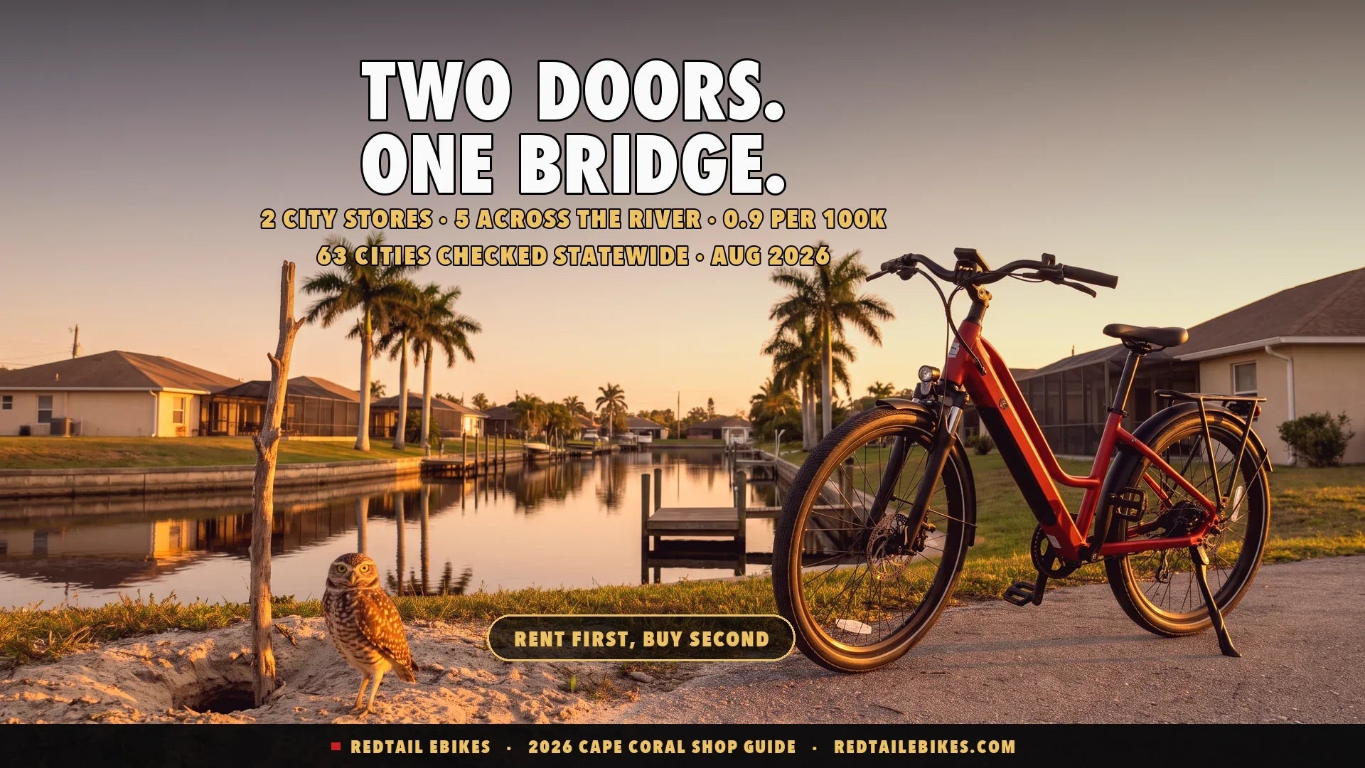 Electric bike beside a canal seawall in Cape Coral at golden hour with a burrowing owl standing on a sandy lot in the foreground