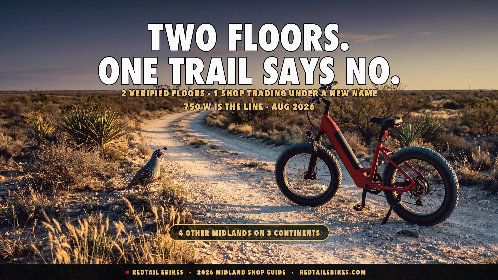 Red step-through electric bike on a caliche trail through Permian Basin scrub near Midland Texas at first light with mesquite, sand sage and a scaled quail on the path edge