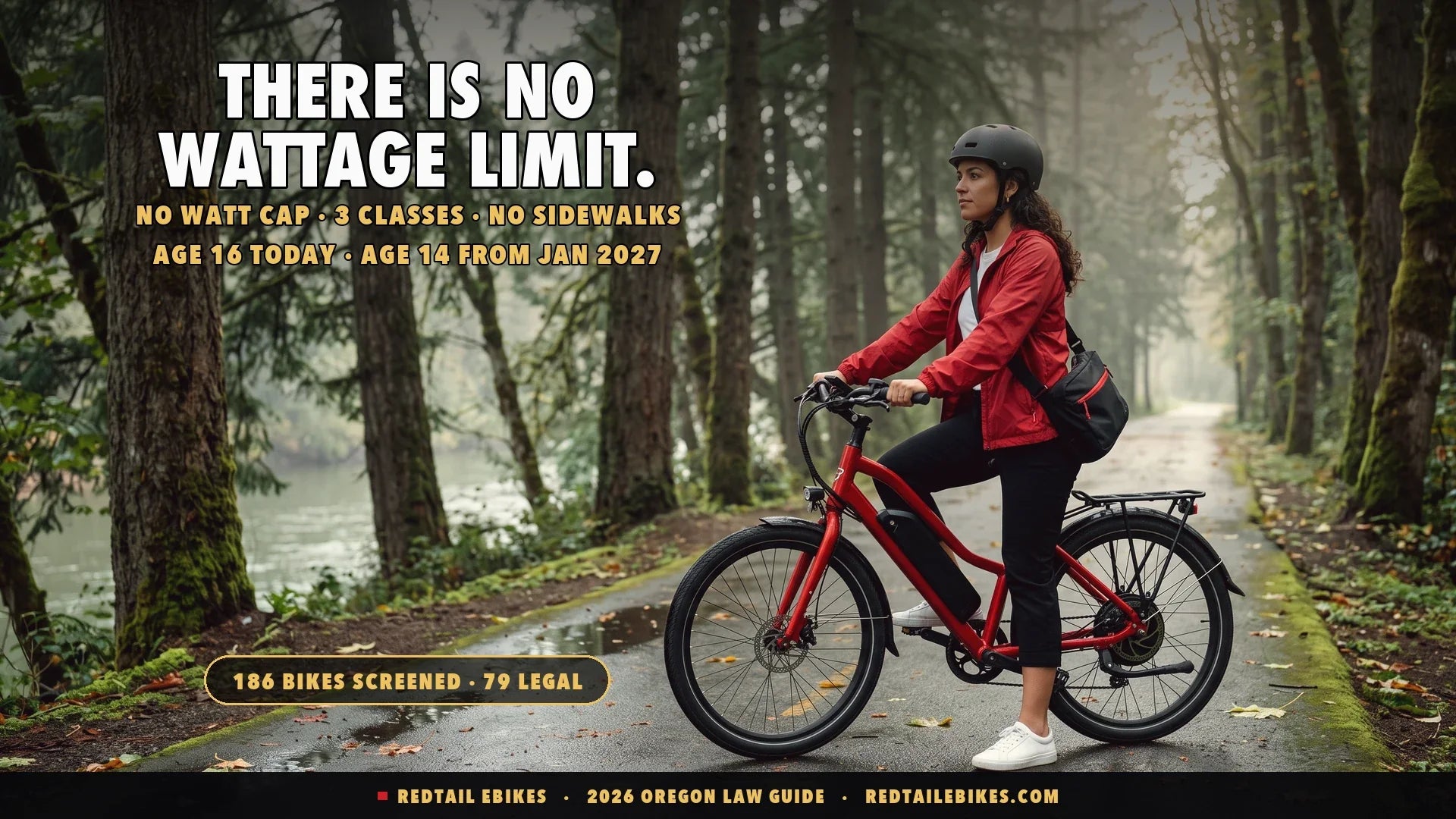 Rider in a fitted helmet on a red electric commuter bike on a wet paved riverside path in the Willamette Valley, Douglas firs and low cloud behind, moss on the path edge