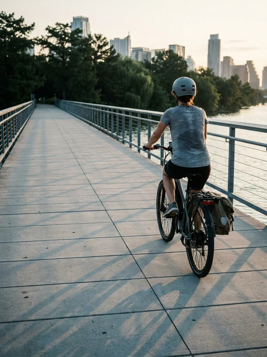 A rider on a plain city electric bike crossing the concrete Boardwalk at Lady Bird Lake on the Ann and Roy Butler Hike-and-Bike Trail at first light, steel guardrails either side and the downtown Austin skyline distant in haze