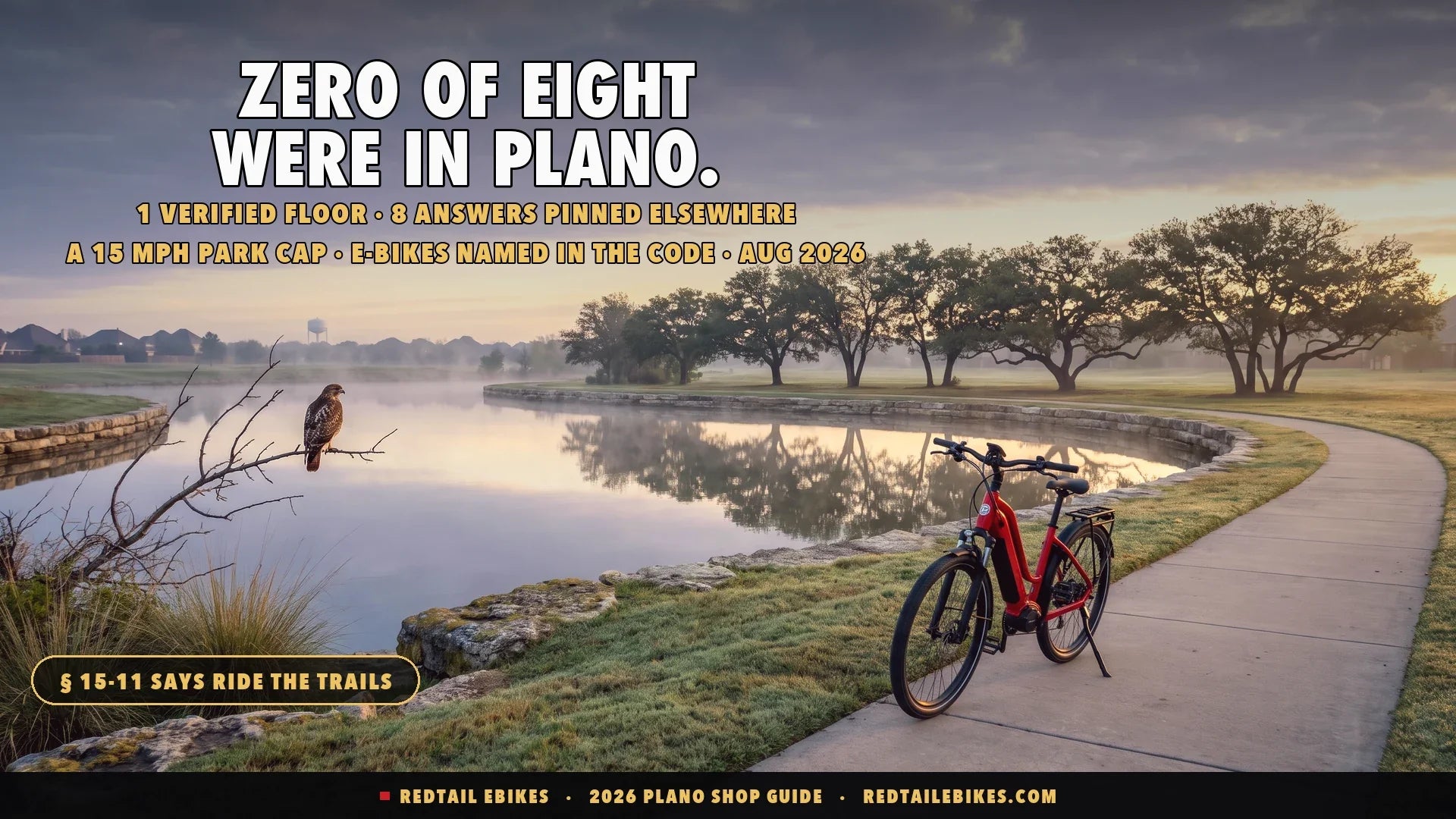 Red step-through electric bike beside a limestone-edged greenbelt trail pond in Plano Texas at dawn with live oaks reflected and a red-tailed hawk on a bare branch