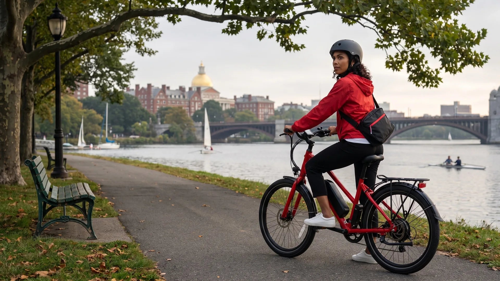 Rider in a fitted helmet on a red electric commuter bike with a downtube battery and rear hub motor, stopped on the paved Charles River path in Boston, the Longfellow Bridge and the gold-domed Massachusetts State House across the water
