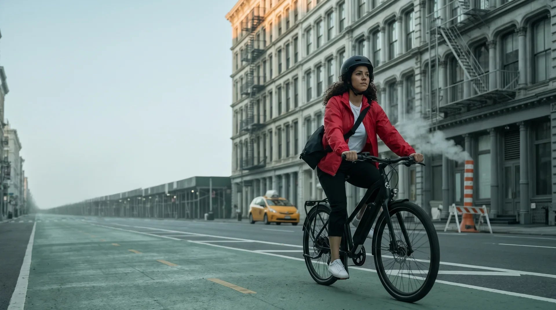 Maya Torres riding a commuter e-bike in a green protected bike lane on a Manhattan avenue at dawn, where New York e-bike laws cap speeds and classes