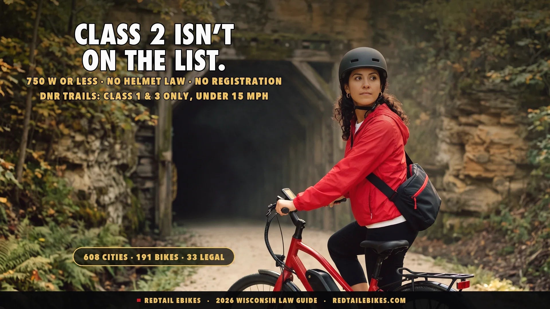 Rider in a fitted helmet on a red electric commuter bike at the mouth of an old railroad tunnel on a crushed-limestone Wisconsin rail trail, sandstone rock cut and autumn maples above