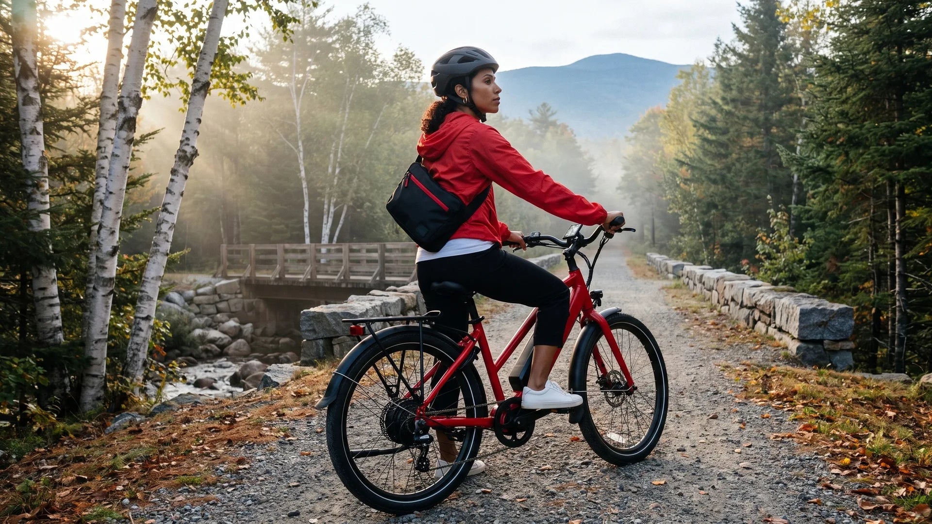 Rider in a fitted helmet on a red electric commuter bike with a downtube battery on a crushed-stone New Hampshire rail trail beside a granite wall and timber trestle, White Mountain ridge behind in morning mist