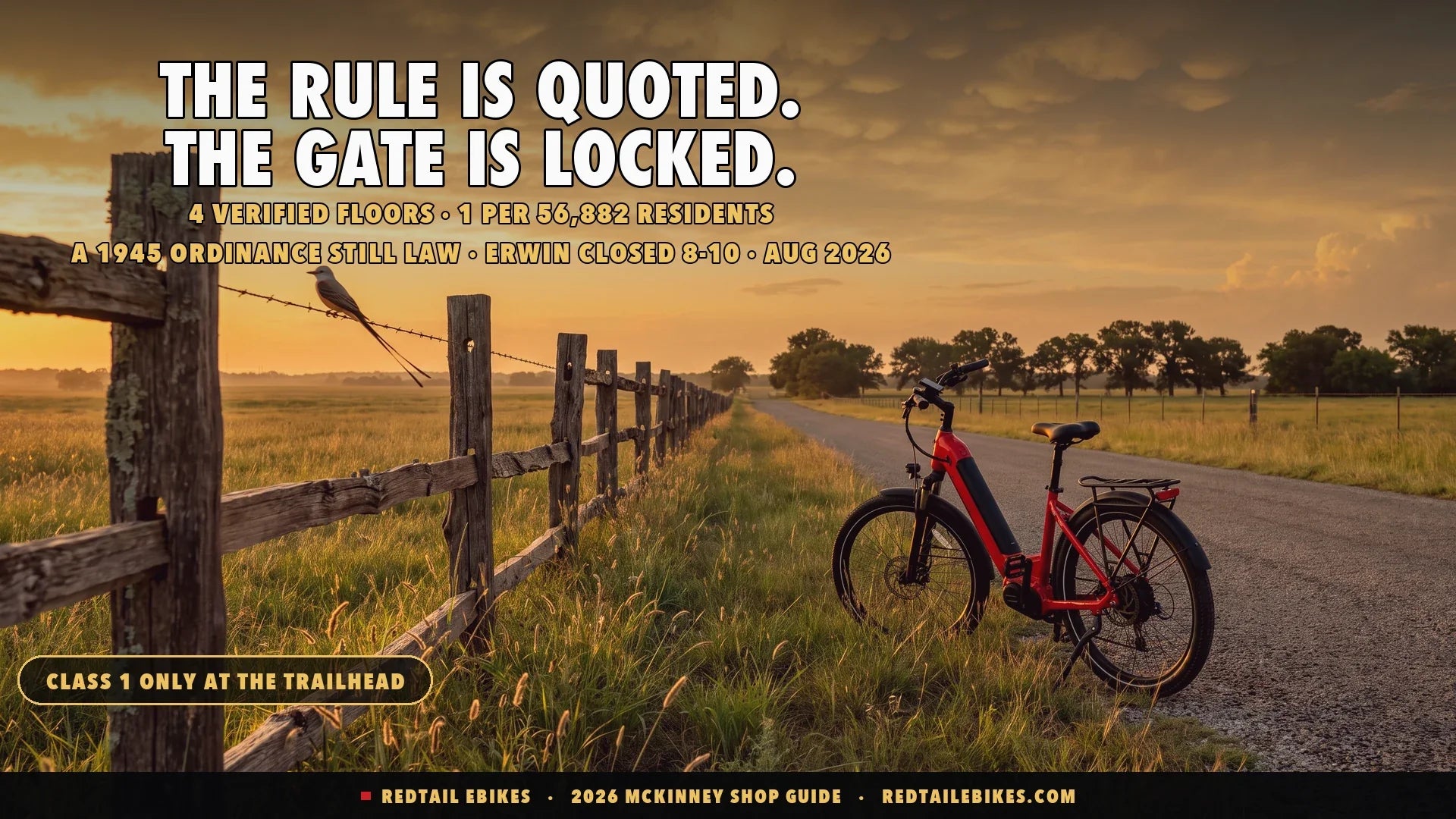 Red step-through electric bike at a split-rail fence on the blackland prairie north of McKinney Texas at golden hour with a scissor-tailed flycatcher on the wire