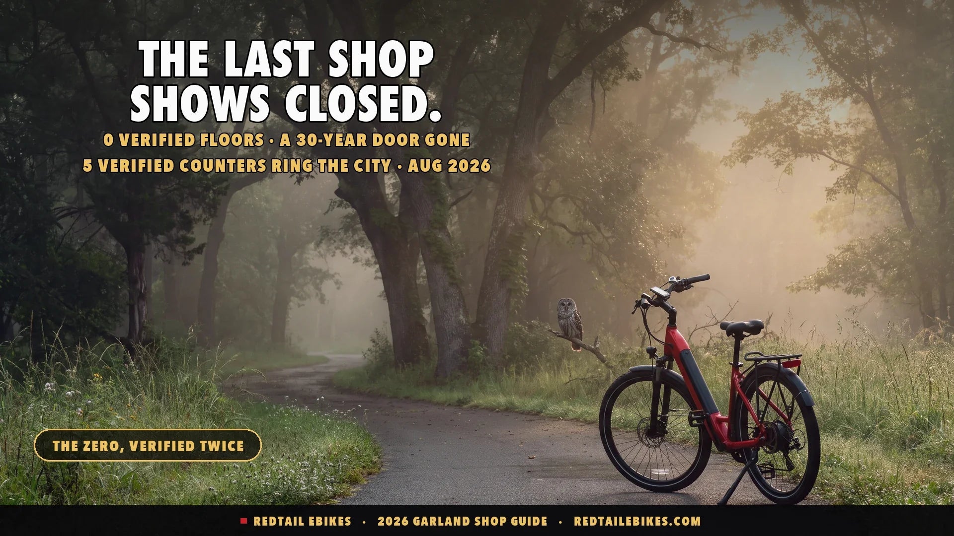Red step-through electric bike on the paved trail at the edge of Spring Creek Forest Preserve in Garland Texas at first light with old-growth oaks in mist and a barred owl on a low branch