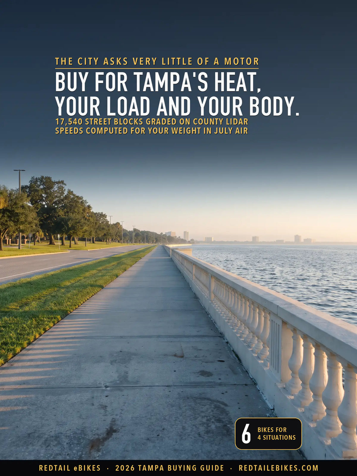 Bayshore Boulevard's waterfront path and white balustrade running north along Hillsborough Bay in Tampa in early-morning light, under the cover headline Buy for Tampa's heat, your load and your body