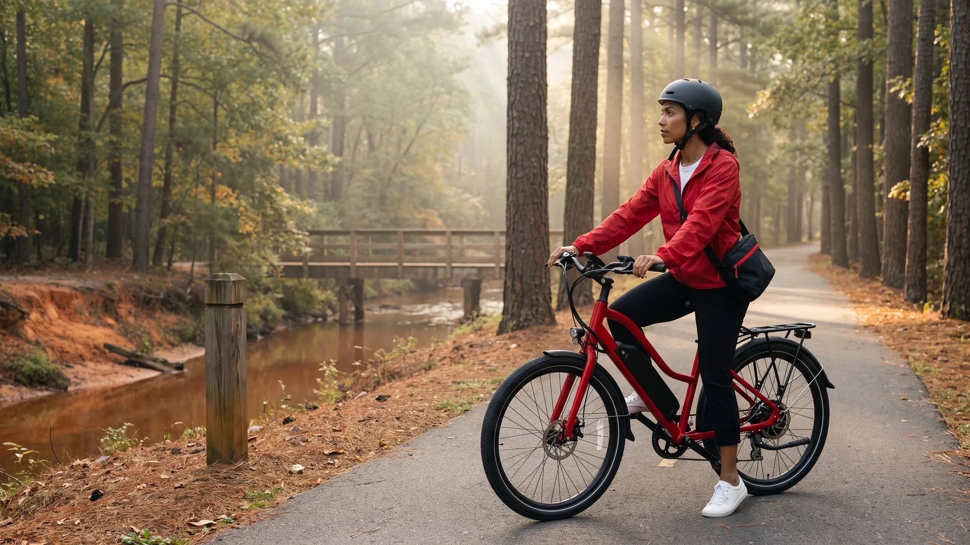 Rider in a fitted helmet on a red electric commuter bike with a downtube battery, stopped on a crushed-limestone greenway beside a slow river in the North Carolina piedmont at first light