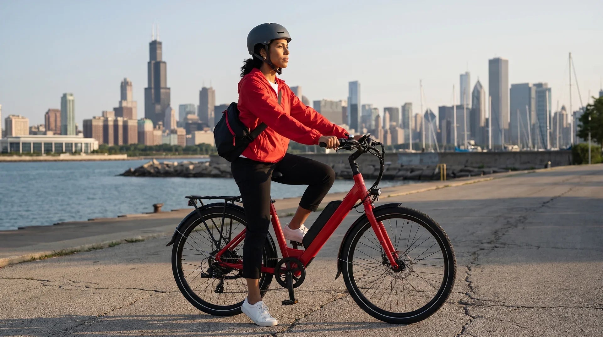 Rider in a helmet on a red step-through electric bike with a downtube battery on the Chicago Lakefront Trail at sunrise, Lake Michigan on one side and the Chicago skyline behind