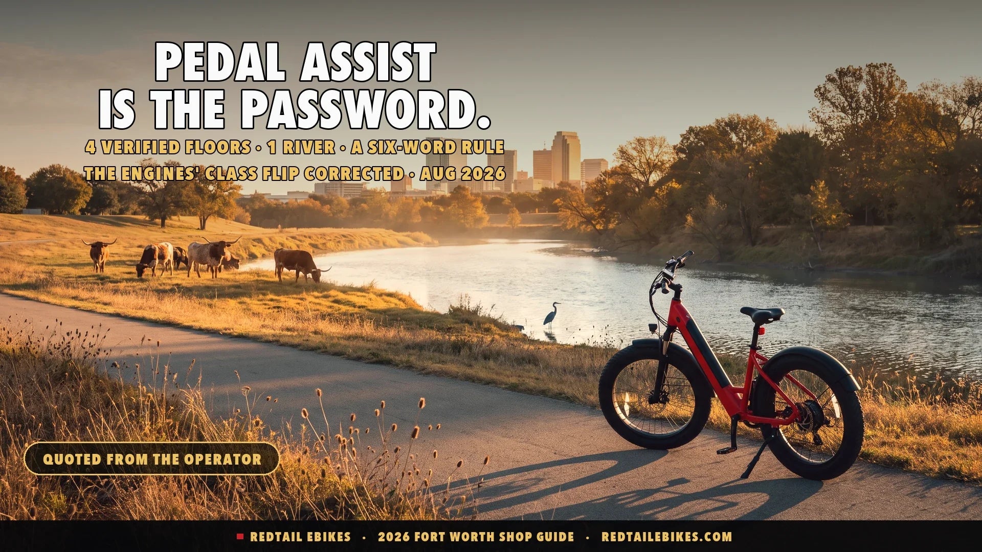 Red step-through electric bike on the Trinity Trails at golden hour with longhorns across the river and the Fort Worth skyline