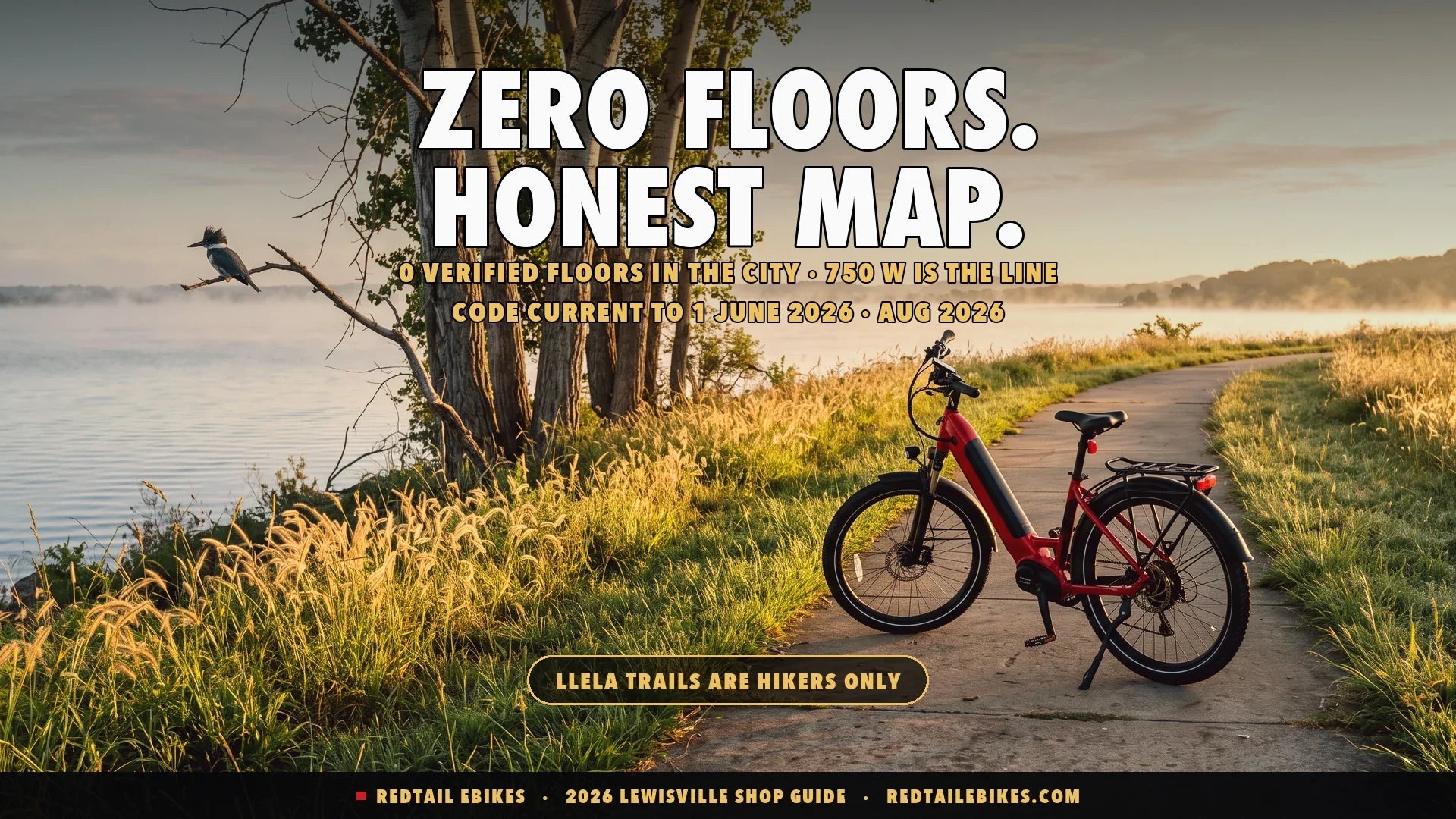 Red step-through electric bike on a paved lakeside path above Lewisville Lake in Lewisville Texas at first light with cottonwoods, bottomland grass and a belted kingfisher on a bare branch