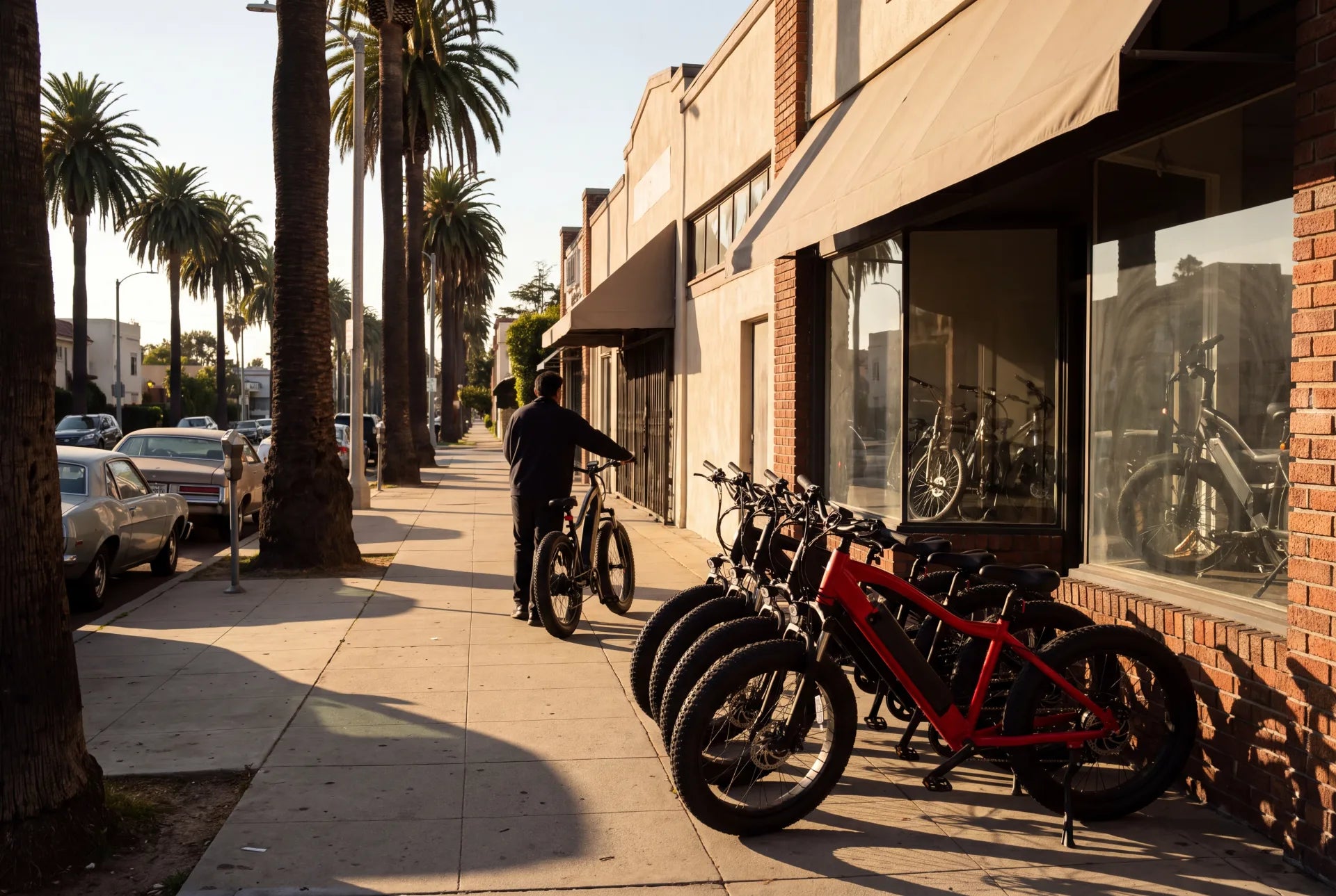 Electric bikes parked outside an electric bike store in Los Angeles