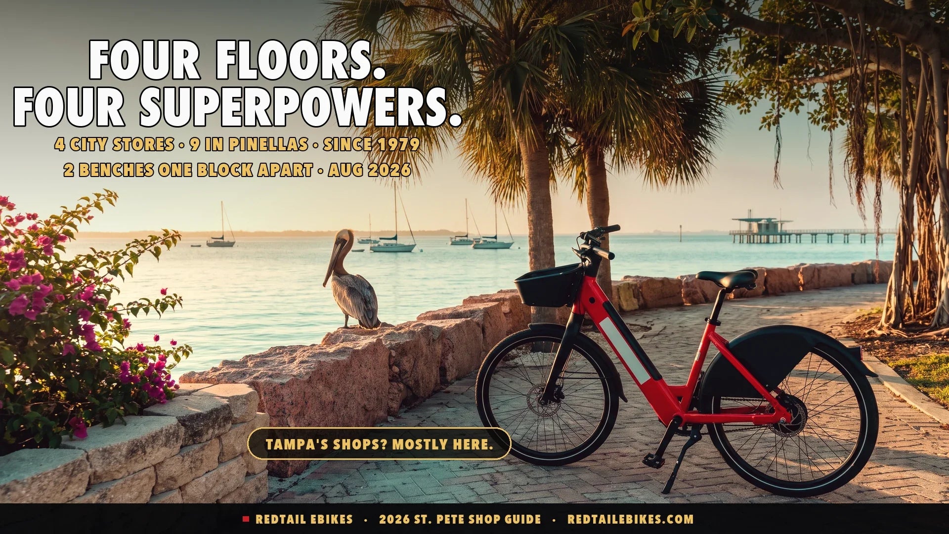 Electric bike at a St. Petersburg waterfront palm park at golden hour with a pelican on the seawall and the pier in the distance