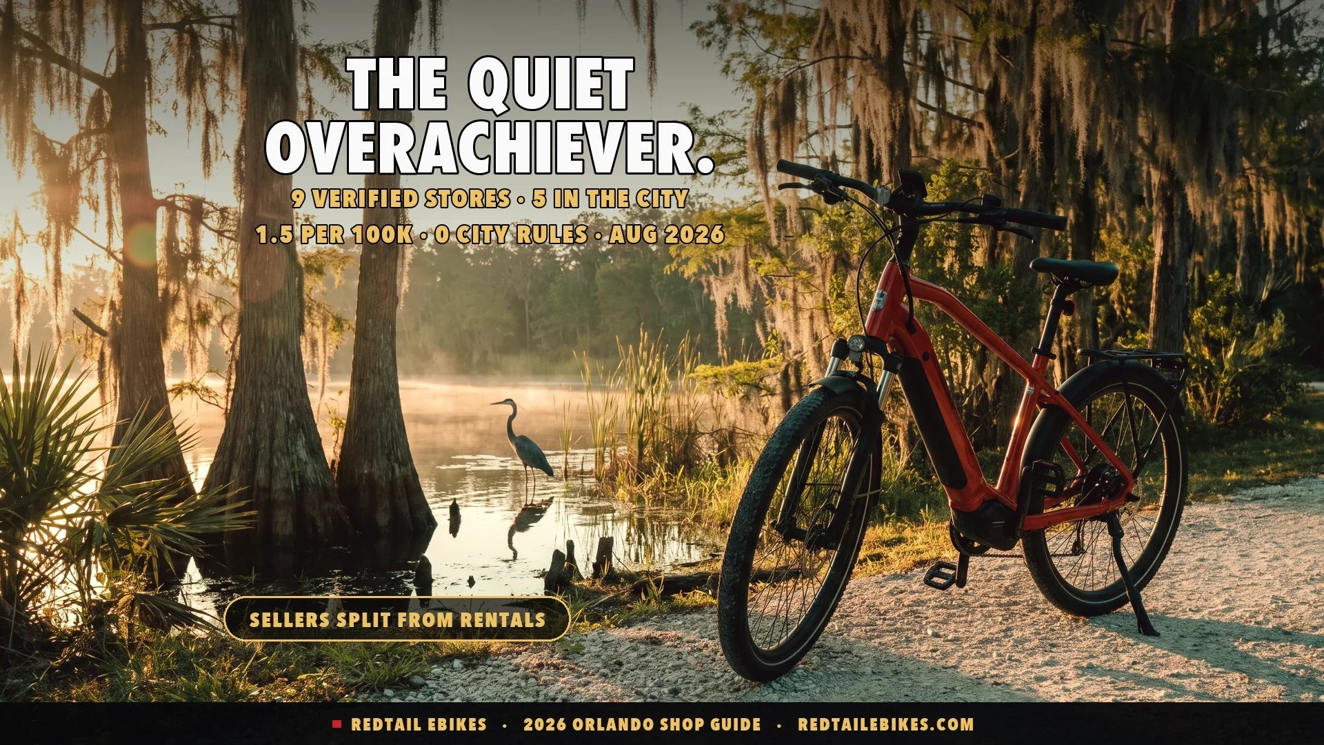 Electric bike beside a cypress-lined Central Florida lake at golden hour with Spanish moss and a wading heron
