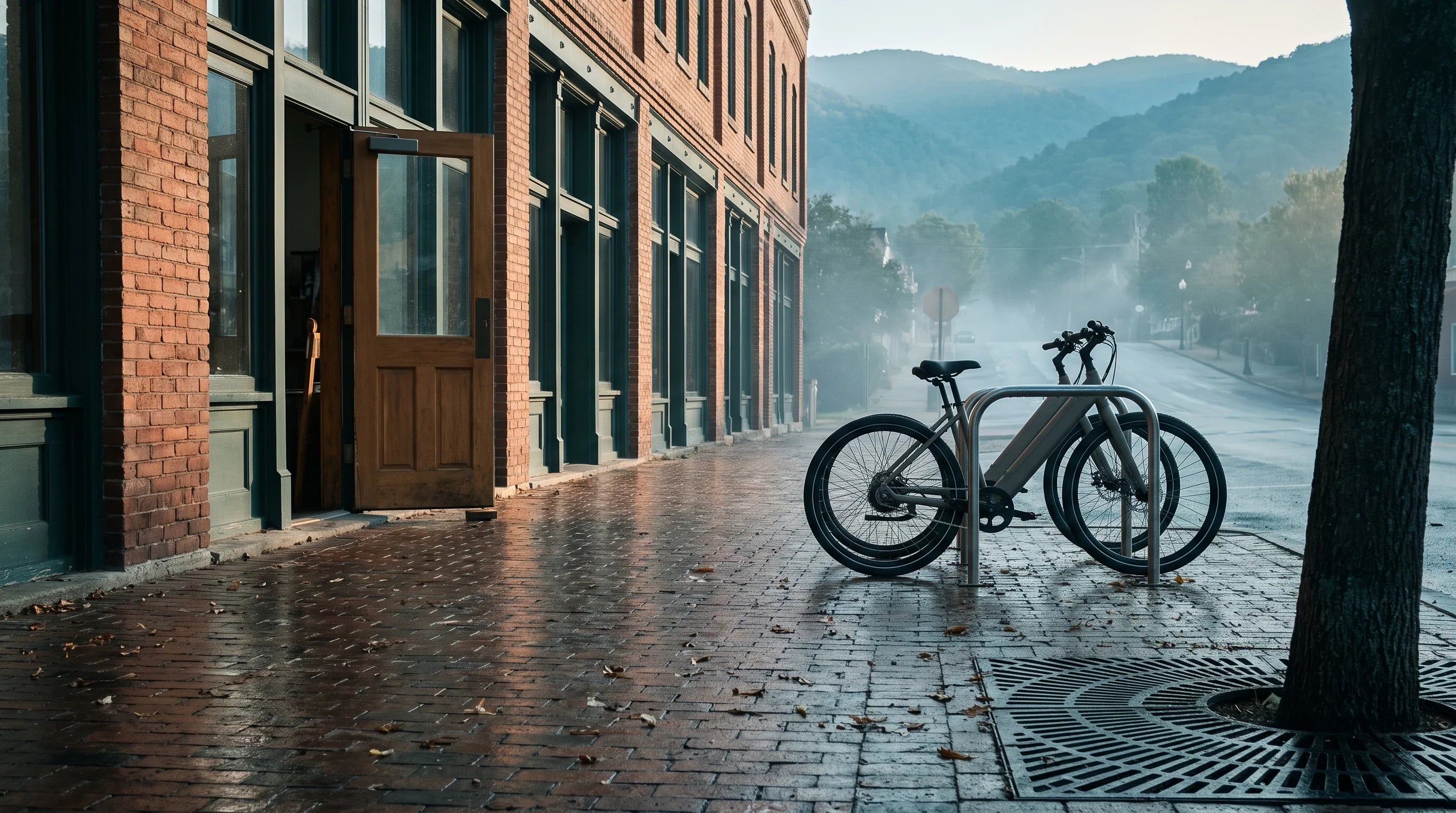 Electric bikes outside a brick storefront on a North Carolina main street