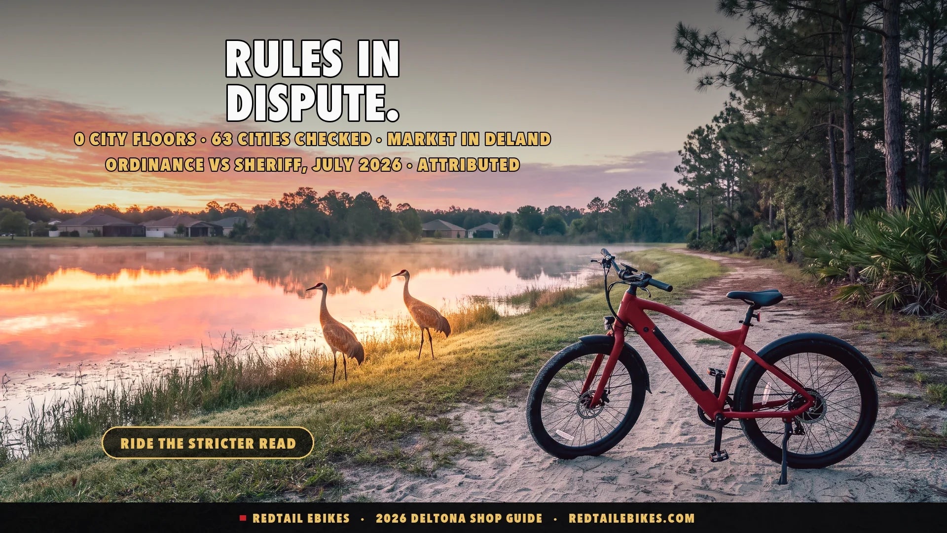 Electric bike on a lakeside path in Deltona at dawn with a sandhill crane pair and pine flatwoods