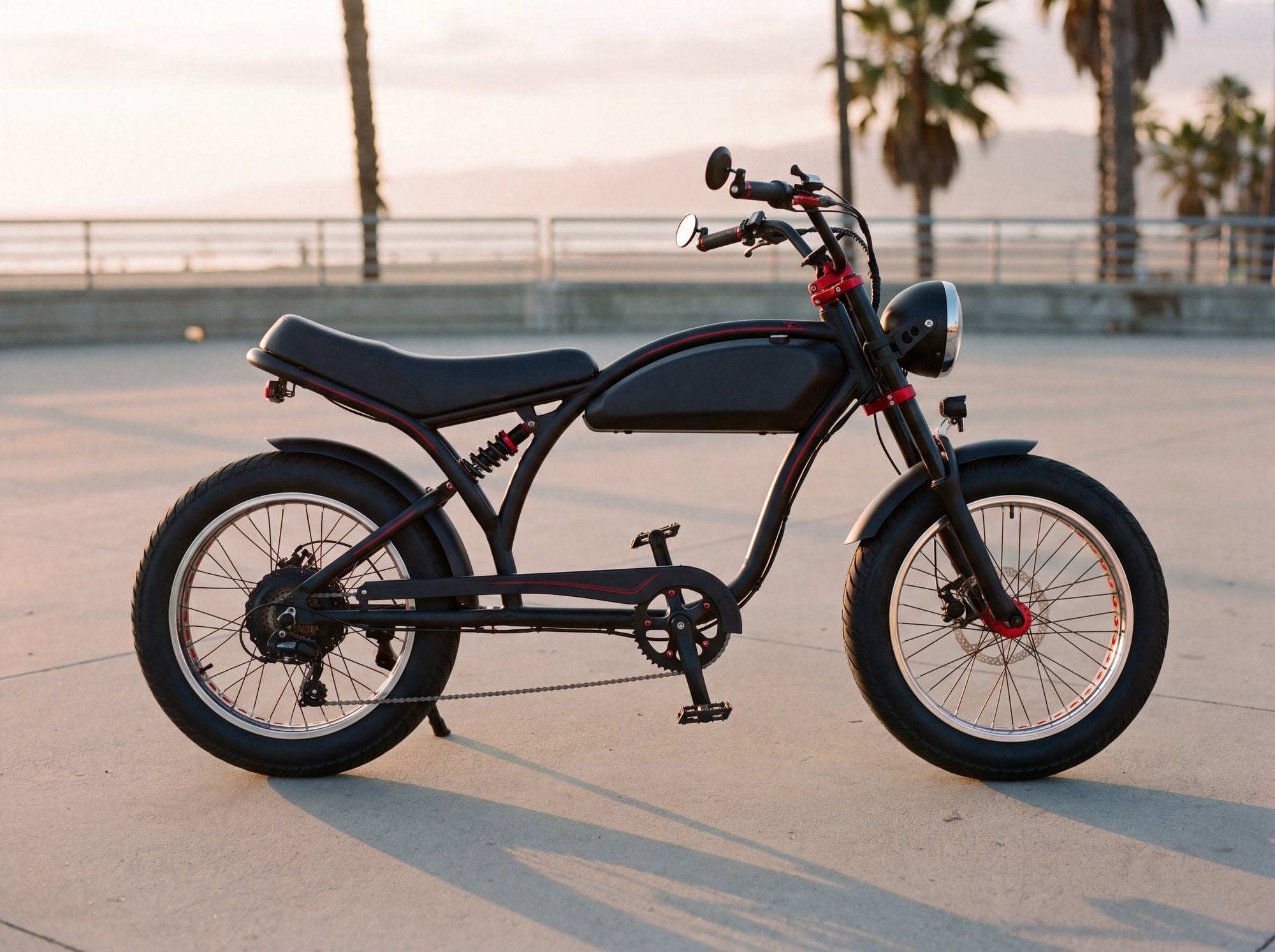 Redtail moped-style cruiser electric bike on a beachfront promenade