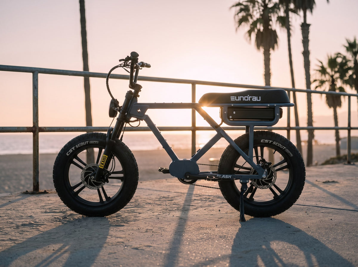 Eunorau Flash AWD 1.0 moped-style electric bike on a beachfront boardwalk at sunset