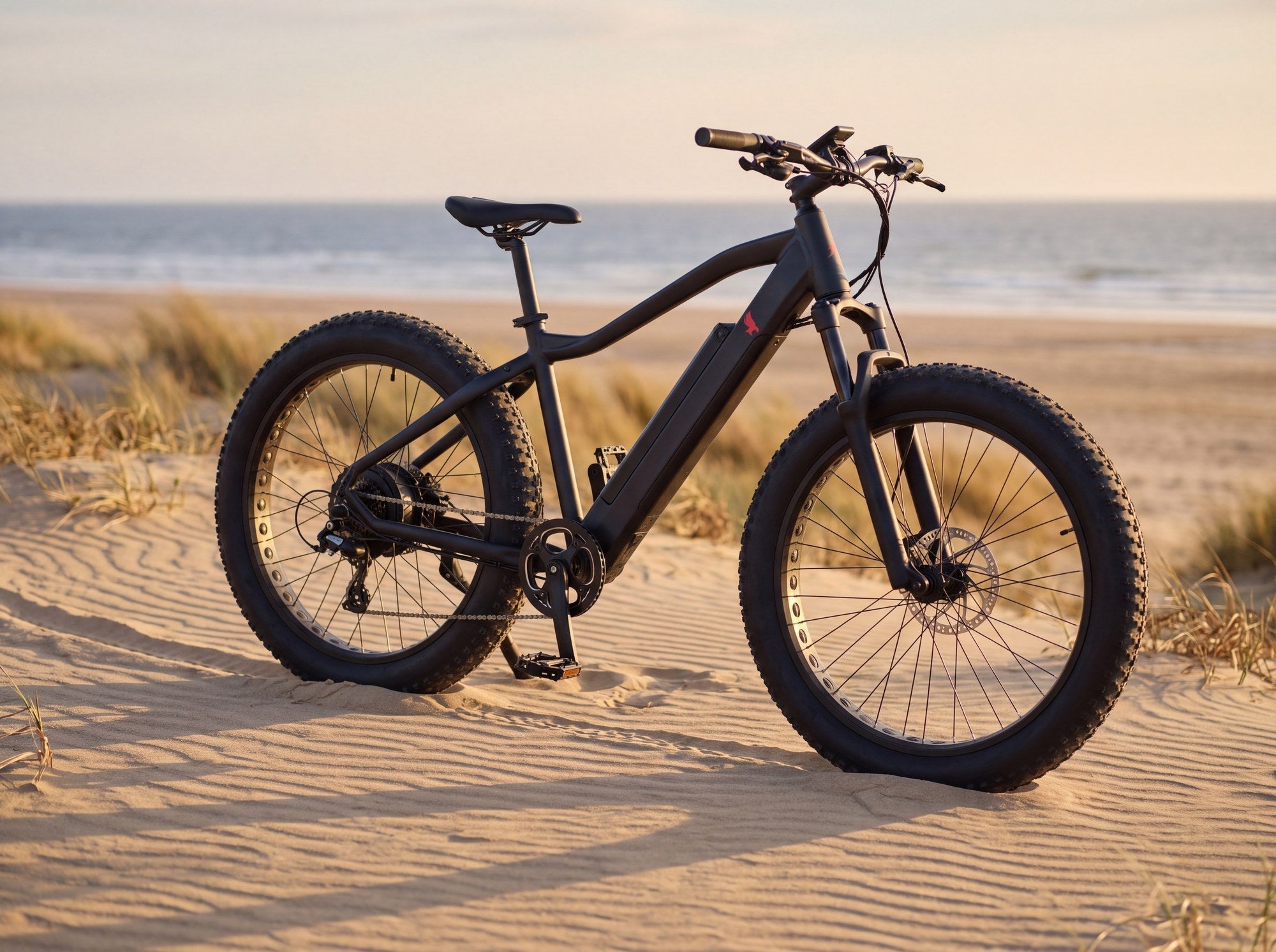 Redtail fat-tire electric bike on coastal sand dunes