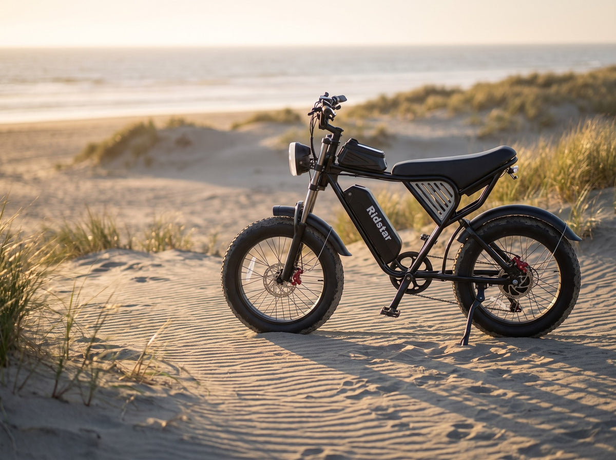 Ridstar Q50 fat tire electric bike on coastal dune sand at golden hour