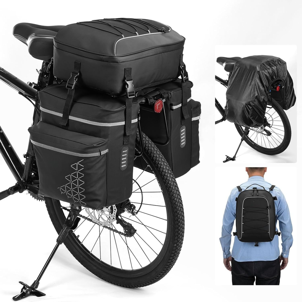VTUVIA three-piece pannier set on a rear rack, with the detachable top bag and the backpack straps shown